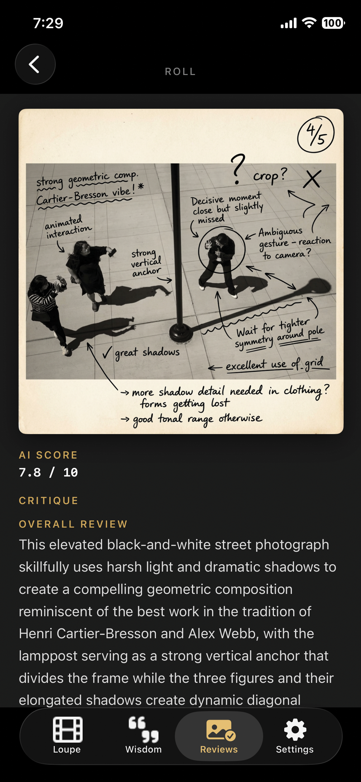 AI critique review screen